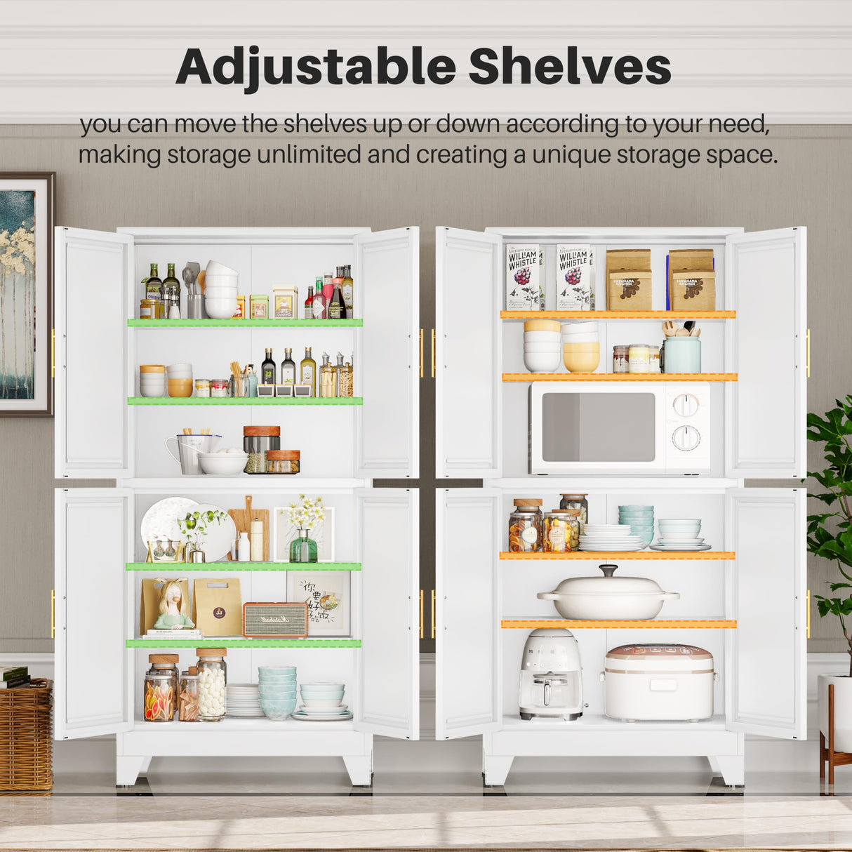 winiowa 75" Tall Kitchen Pantry Cabinet, Metal Storage Cabinet with Doors and Adjustable Shelves, White Freestanding Pantry Cabinet for Kitchen, Dining Room, Living Room, Laundry Room, Bathroom winiowa