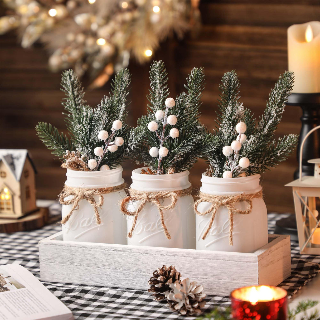 SUPREME LIGHTS ·2017· Christmas Mason Jars, Winter White Mason Jars, Christmas Centerpieces for Home Table Decor, Wood Tray & 3 Decorative Jars, Winter Farmhouse Dining Table Centerpieces Decoration SUPREME LIGHTS ·2017·