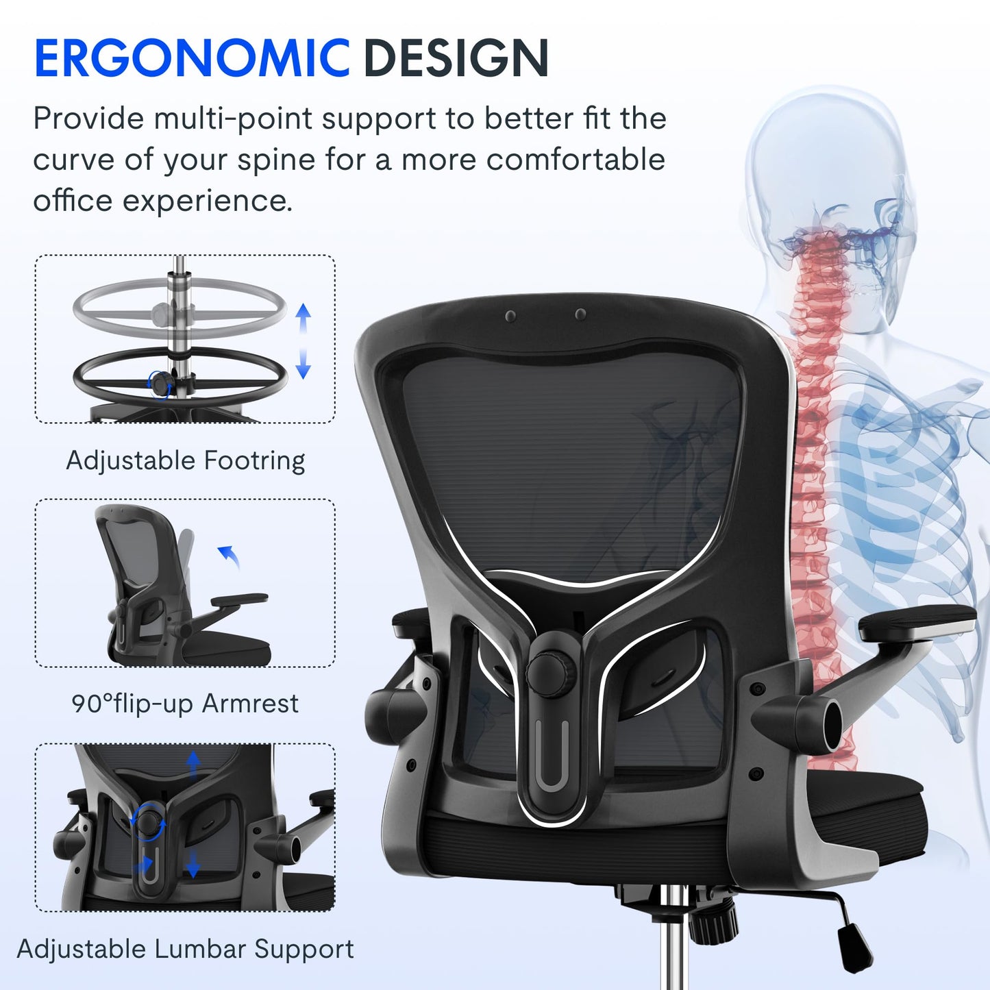 FLEXISPOT Drafting Chair Tall Office Chair with 2D Lumbar,3D Flip-up Armrest,Standing Desk Chair with Breathable Mesh & Adjustable Foot Ring BIFMA Certified for Home Office,Drawing,Guitar(Black)