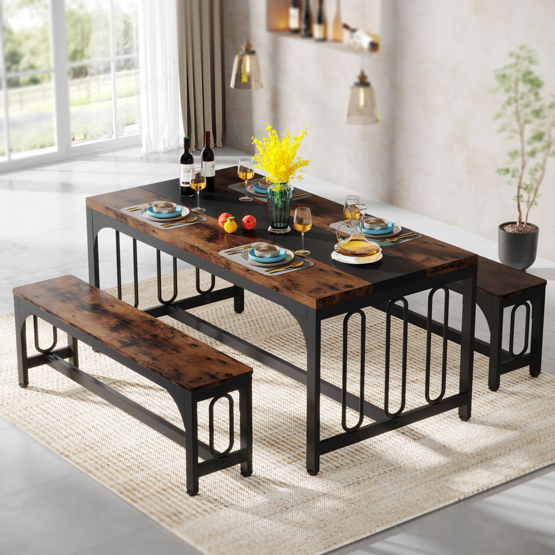 Tribesigns 55 Inch Dining Table Set for 4-6, 3-Piece Kitchen Table with 2 Benches, Space-Saving Dining Room Table Set for Home Kitchen, Restaurant, Rustic Brown - WoodArtSupply