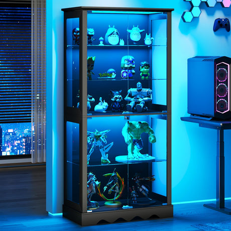 Topcomfy Display Cabinet with Glass Doors, 5-Tier Curio Cabinet with 3 Color Lights for Collectibles, Bookcase with Human Body Sensor, Glass Display Case with Lock, Black Topcomfy