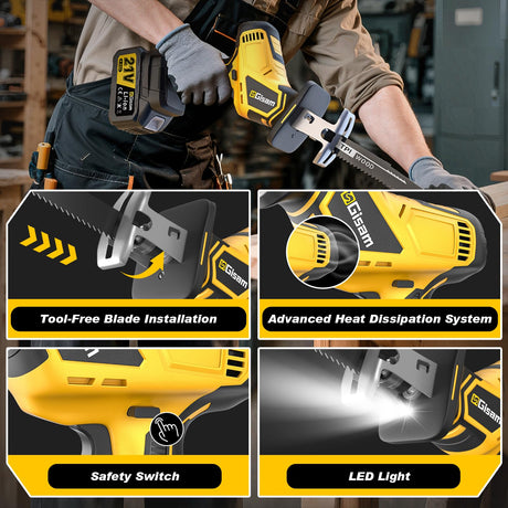 Cordless Reciprocating Saw -2x4.0Ah Batteries, Brushless Motor, 3500SPM Max, One-Hand Operation, Tool-Free Blade Change, for DIY & Home Users Gisam