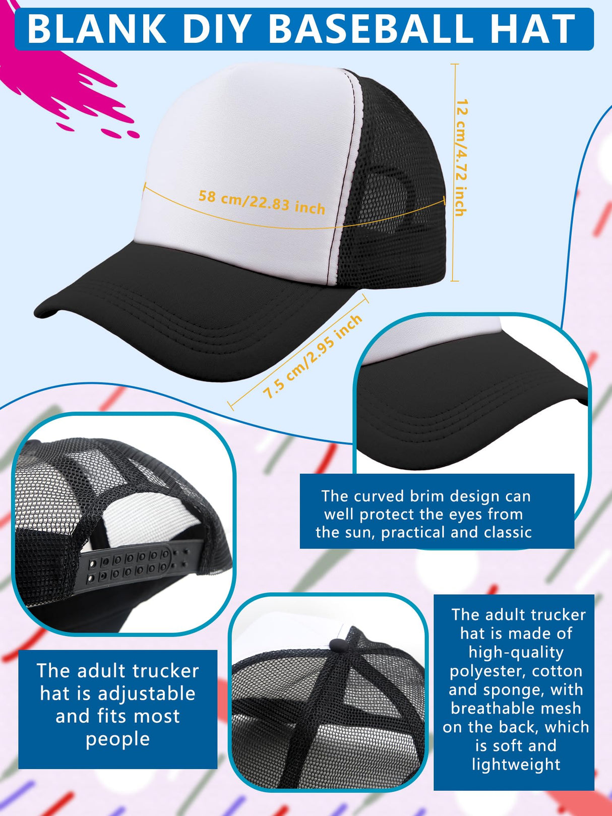 6 Pack Adult Trucker Cap Summer Mesh Baseball Cap DIY Sublimation Trucker Hat for Men Women Summer Outdoor Activities (Color Set 1) Skyebed