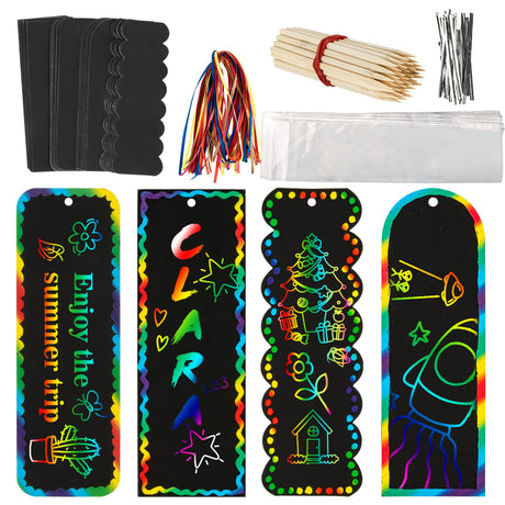 MAQIHAN Scratch Art Bookmarks - 36 Sets 4 Style Making Kit Paper with Scratching Tools Satin Ribbons Create Rainbow Without Ink Christmas Ornaments Hanging DIY Party Favors for Classroom MAQIHAN