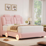 Queen Upholstered Led Bed Frame with Wheels Decor & Adjustable Curved Headboard Modern Car-Shaped Platform Bed with Detachable Pillows Solid Wooden Slats Support No Box Spring Needed, Velvet Pink Keyluv