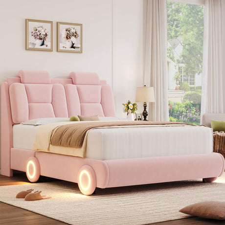 Queen Upholstered Led Bed Frame with Wheels Decor & Adjustable Curved Headboard Modern Car-Shaped Platform Bed with Detachable Pillows Solid Wooden Slats Support No Box Spring Needed, Velvet Pink Keyluv
