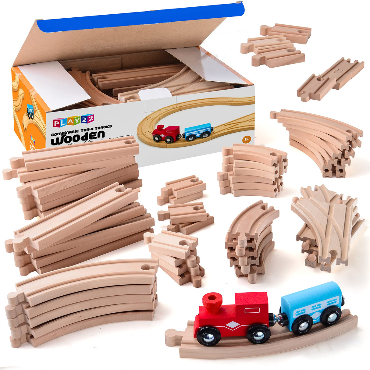 Play22 Wooden Train Tracks - 52 PCS + 2 Bonus Car Toy Trains - for Kids is Compatible with Thomas Wooden Railway Systems and All Major Brands - Play22