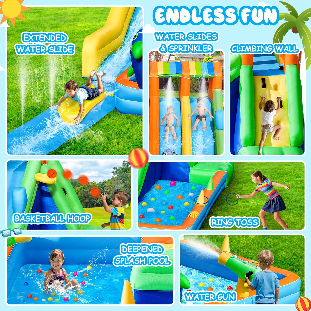 FBSPORT Inflatable Water Bounce House, Large Bounce Castle with 3 Slide for Kids, Inflatable Water Slide with Splash Pool, Climbing, Toss Rings, Basketball Hoop, Bouncy House for Outdoor Indoor FBSPORT