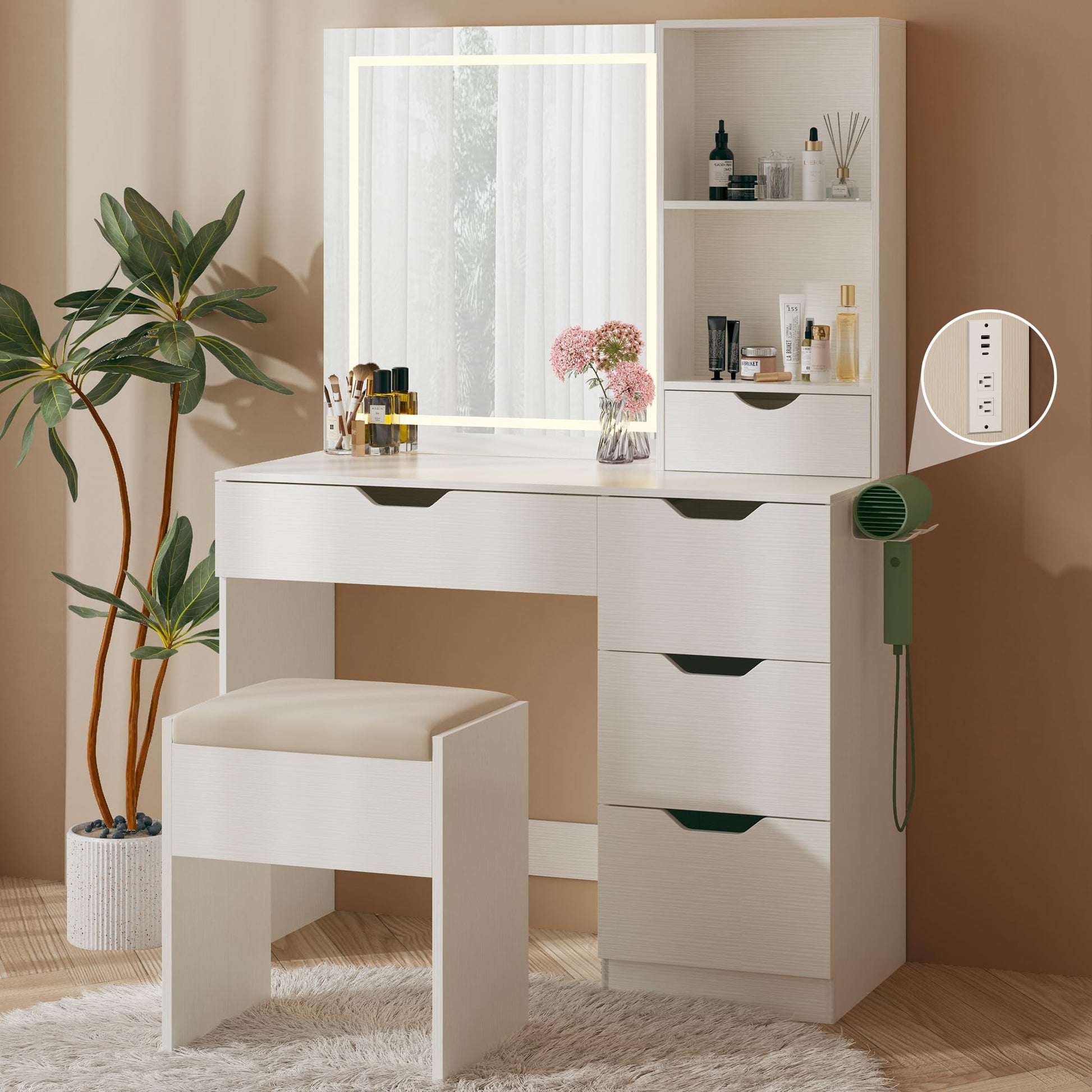 HUAHUU Vanity Desk with LED Lights Mirror & Power Outlet, 3 Lighting Colors Vanity Desk with 5 Drawers, Makeup Vanity Set and Cushioned Stool for Bedroom, White - WoodArtSupply