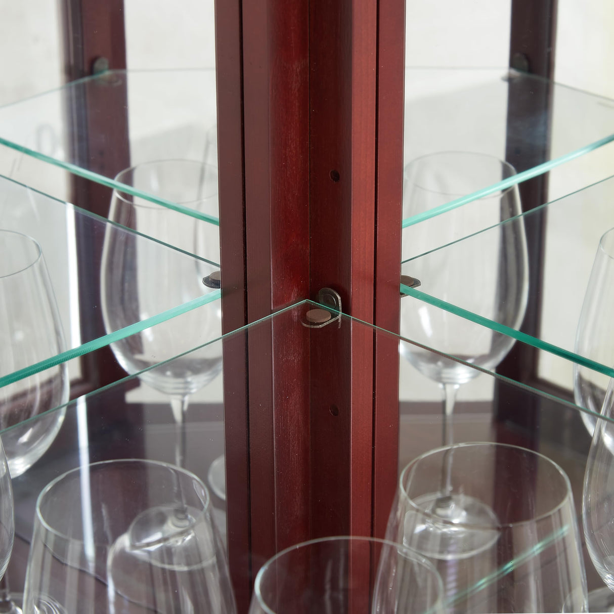 Goujxcy Lighted Corner Display Curio Cabinet Wooden Curved Shelving Unit with Adjustable Shelves and Mirrored Back Panel, Tempered Glass Doors for Bedroom, Living Room(Cherry, Corner Shape) Goujxcy