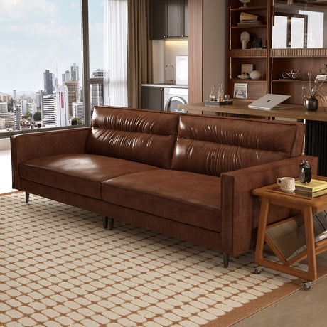 Pajiasen Mid-Century Modern Faux Leather Sofa Couch, 86" Brown 3-Seater Leather Sofa with Deep Cushions, Square Armrests & Sturdy Metal Legs, Retro Contemporary Couch for Living Room Pajiasen