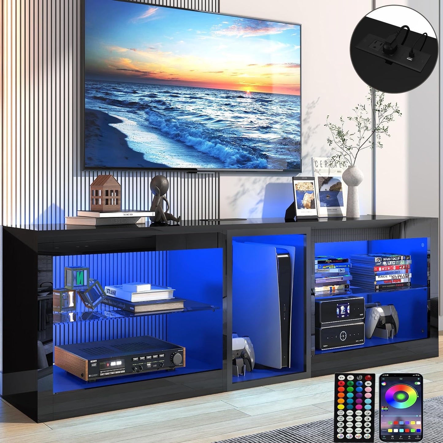 Vinctik 6&Fox LED TV Stands w/60,000-Colors Lights&6.5ft Power Outlet for 55 60 65 70inch TV,Modern High Gloss LED Black Entertainment Center w/Adjustable Shelves for Living Room Gameroom/Bed - WoodArtSupply