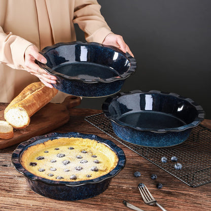 vicrays Ceramic Pie Pan for Baking - 9 inch Pie Plate, Round, Fluted and Deep Pie Dish for Tart, Pizza, Apple Pie, Quiche, Pot Pies, Cake - Reactive Glaze (Starry Blue)