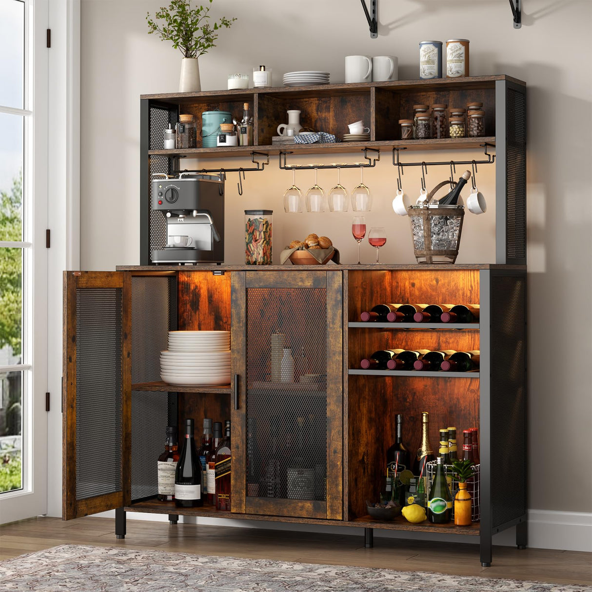 Loomie Wine Bar Cabinet with LED Lights, Industrial Coffee Bar Cabinet with 3 Storage Compartments & Wine Rack &Glass Holder,Sideboard Buffet Cabinet for Liquor and Glasses,Liquor Cabinet,Rustic Brown Loomie