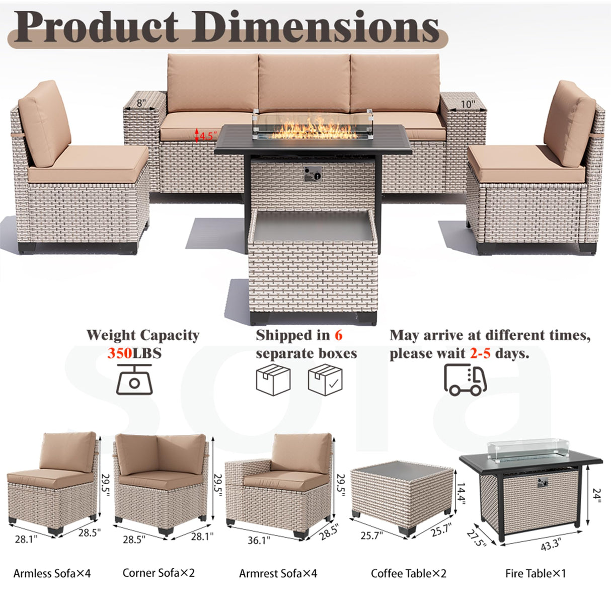 Aukreolis 13 Pieces Patio Furniture Set with Fire Pit Table, Outdoor Sectional Wicker Sofa with Thickened Cushions and Coffee Table, High Back Rattan Patio Conversation Sets, Khaki Aukreolis