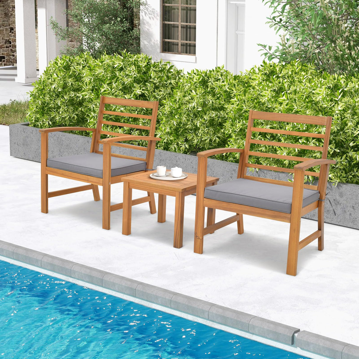 Tangkula 3 Pieces Outdoor Furniture Set, Acacia Wood Conversation Set with Soft Seat Cushions, Stable Acacia Wood Frame, Patio Sofa & Coffee Table Set for Backyard, Porch, Poolside (Grey) Tangkula