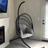 DWVO Wicker Swing Egg Chair 300lbs Capacity - Foldable Hanging Hammock with Cushions & Stand, Indoor/Outdoor Patio Swing Chair for Bedroom, Garden, Balcony (Grey) DWVO