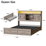 Fameill Farmhouse Queen Size Bed Frame with 4 Drawers and Bookcase Headboard, Sliding Barn Door Storage Shelves, LED Lights and Charging Station, No Box Spring Needed, Grey Fameill