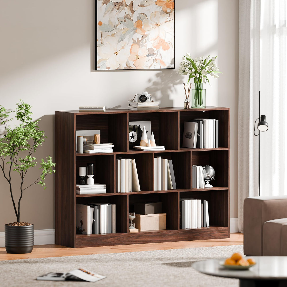Cozy Castle Brown Bookshelf, 3-Tier Open Shelf Bookcase, 10 Cube Storage Organizer with Anti-Tilt Device for Bedroom, Living Room, 55.11" W x 11.61“D x 40.94“H Cozy Castle