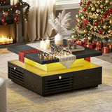 IRONCK Mid Century Modern Coffee Table with LED Lights & Charging Station, 4 Storage Drawers with Grille Design, Square Wood Coffee Table for Living Room Office, (Black) IRONCK