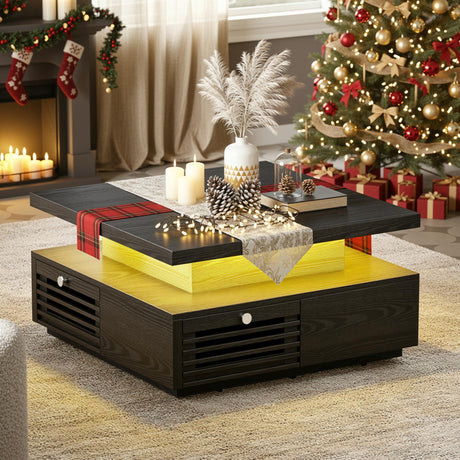 IRONCK Mid Century Modern Coffee Table with LED Lights & Charging Station, 4 Storage Drawers with Grille Design, Square Wood Coffee Table for Living Room Office, (Black) IRONCK