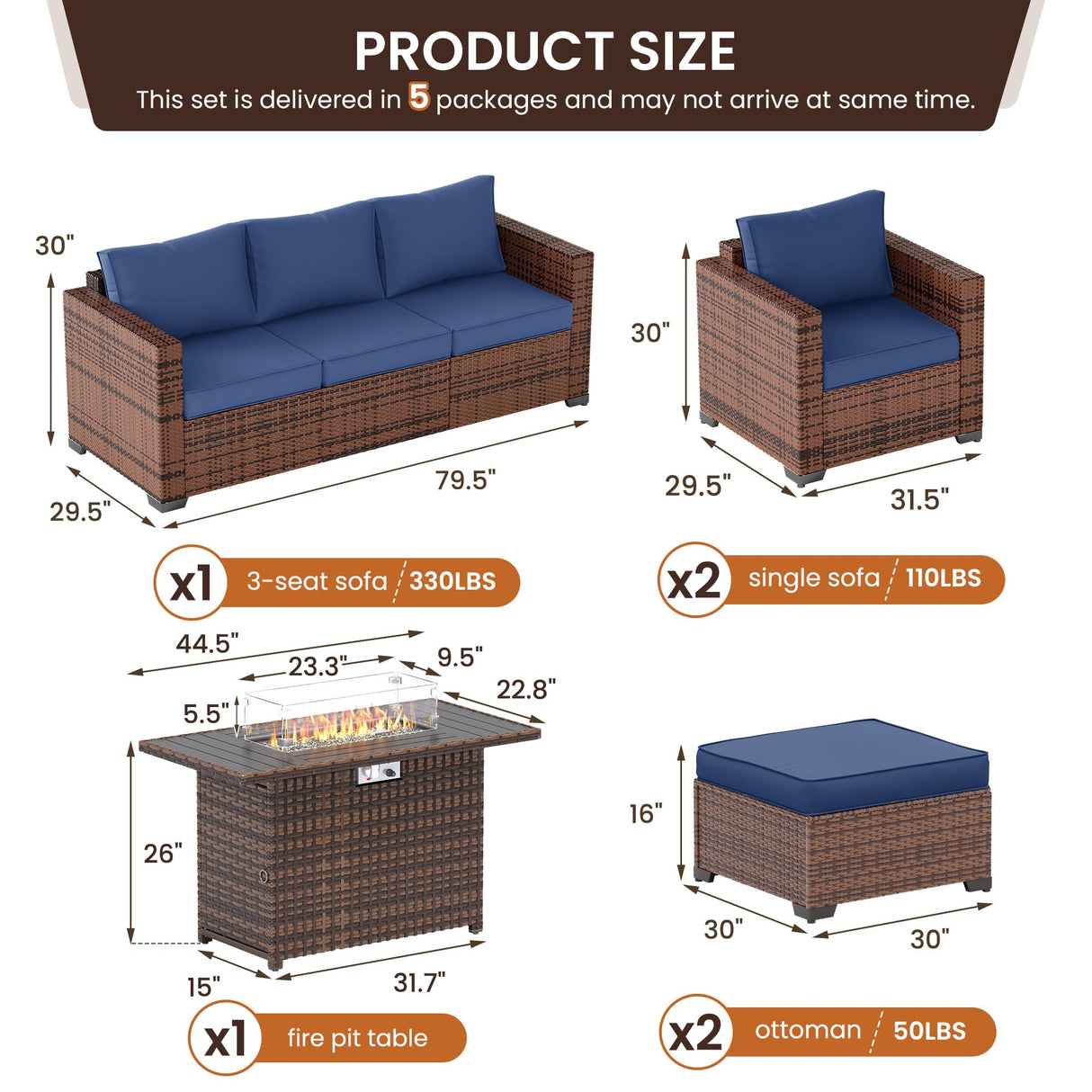 UDPATIO Patio Furniture Set with Fire Pit Table, 6 Pieces Outdoor Conversation Sectional Furniture Sets Wicker Rattan Outdoor Sofa Ottoman with Waterproof Covers for Porch Deck Backyard Blue UDPATIO