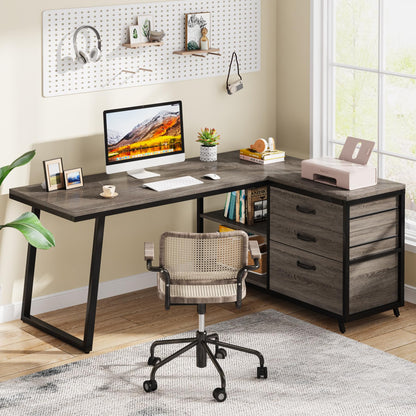 Tribesigns L-Shaped Desk with 3 Drawers, Reversible Corner Home Office Computer Desk with Shelves, 53-Inch Industrial PC Desk Study Writing Table Workstation for Small Space, Grey - WoodArtSupply