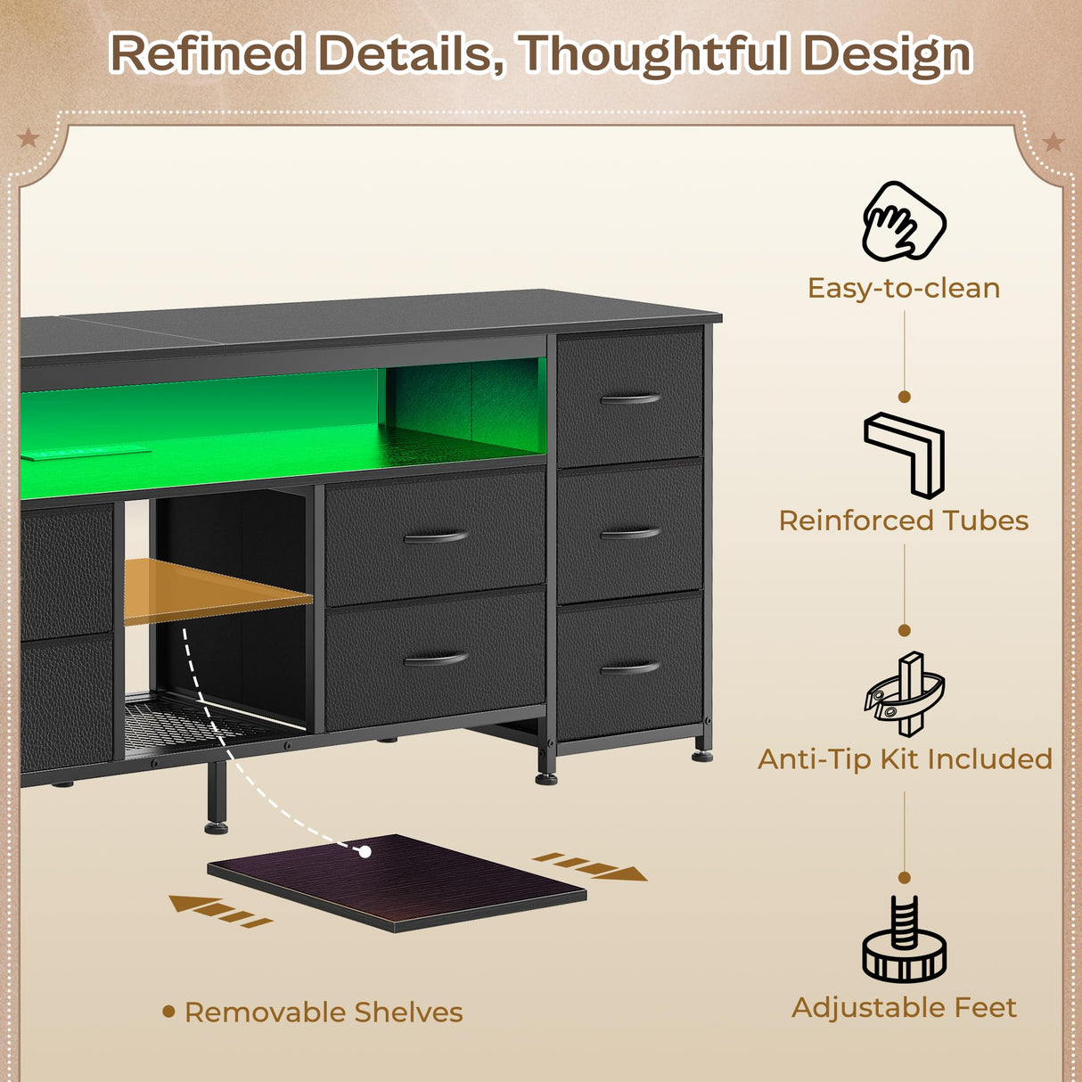 Huuger 63 Inch LED TV Stand Dresser with Power Outlets, USB-C Port and LED Lights, 10 Fabric Drawer Dresser for Bedroom, Long Entertainment Center for 65, 70 Inch TV, Open Shelves, PU Leather, Black Huuger