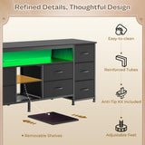 Huuger 63 Inch LED TV Stand Dresser with Power Outlets, USB-C Port and LED Lights, 10 Fabric Drawer Dresser for Bedroom, Long Entertainment Center for 65, 70 Inch TV, Open Shelves, PU Leather, Black Huuger