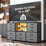 EnHomee Long Dresser for Bedroom with 12 Fabric Drawers,Bedroom Dresser with LED Lights & Power Outlet, Wooden Top & Metal Frame,for Nursery, Living Room, Closet, Grey, 49.2''W*11.8''D*35.4''H EnHomee