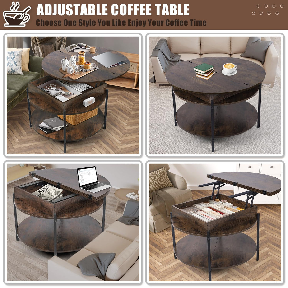 Mmucco 35.43" Round Lift Top Coffee Table with 2-Tier Storage, Circle Storage Coffee Tables with LED Light for Living Room,Round Storage Coffee Table for Home Office Mmucco