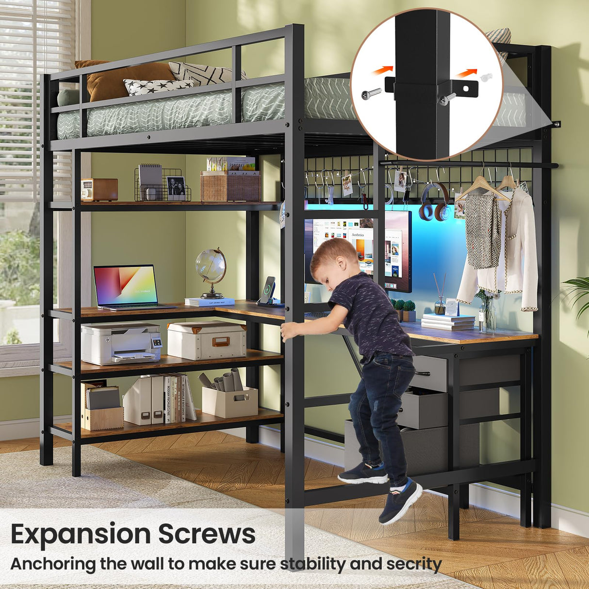 VIAGDO Loft Bed Twin Size with L-Shaped Desk, Charging Station and LED Lights, Twin Loft Bed with 4-Tier Bookshelf and 3 Drawers, Clothes Rail, Safety Guardrail&Ladder, No Box Spring Needed, Black VIAGDO