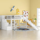 Twin Loft Bed with Slide and Stairs, Wooden Low Loft Bed Frame with Storage for Kids Girls Boys - White Bellemave
