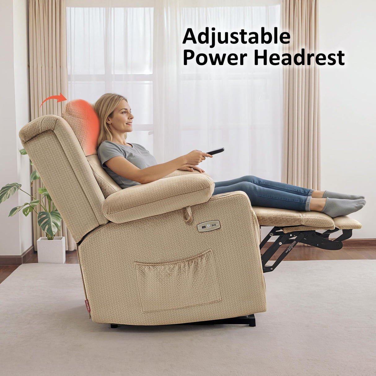 MCombo Large Triple Motor Power Lift Recliner Chair with Massage and Heat for Elderly People, Adjustable Headrest, Infinite Position, USB Ports, Fabric 7662 (Beige, Large) MCombo
