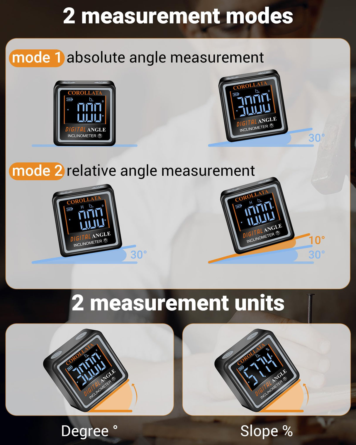 Ultra Small Digital Angel Finder Magnetic Level, Rechargeable Angle Cube, Table Saw Miter Gauge, 4 * 90 Degree Protractor Electronic Inclinometer, Wood Working Measuring Tool COROLLATA