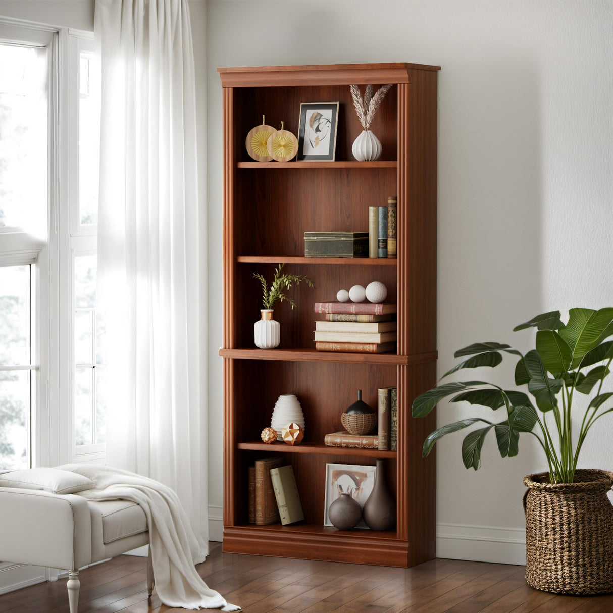 Furniwell 5-Shelf Tall Cherry Bookcase – Elegant Open Display Storage for Any Room Furniwell