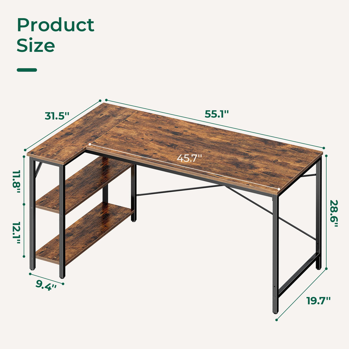 Huuger L Shaped Desk, 55 Inches Computer Desk with Reversible Storage Shelves, Gaming Desk, Corner Desk Home Office Desks, Writing Desk Study Desk with Metal Frame, Rustic Brown Huuger