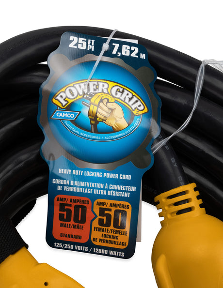 Camco Power Grip 25-Ft 50 Amp RV Extension Cord - Rated for 125/250 V/12,500 W - Features Copper 6/3 + 8/1-Gauge Wires for Superior Conductivity & Coated w/Heat-Resilient PVC (55542) Camco