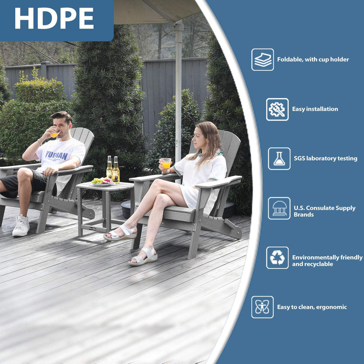 Plawdlik Folding Adirondack Chair, SGS Tested, Wooden Textured with Cup Holder, Heavy All-Weather HDPE Comfortable Set Poolside Backyard Lawn Grey set 2 Plawdlik