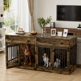 OUYESSIR Dog Crate Furniture, 72.05 Inch Wooden Large Dog Kennel with 2 Drawers & Dog Bowls, Dog House with Double Doorss & Divider, Heavy Duty Indoor Dog Cage for Large Medium Dogs, Rustic Brown OUYESSIR