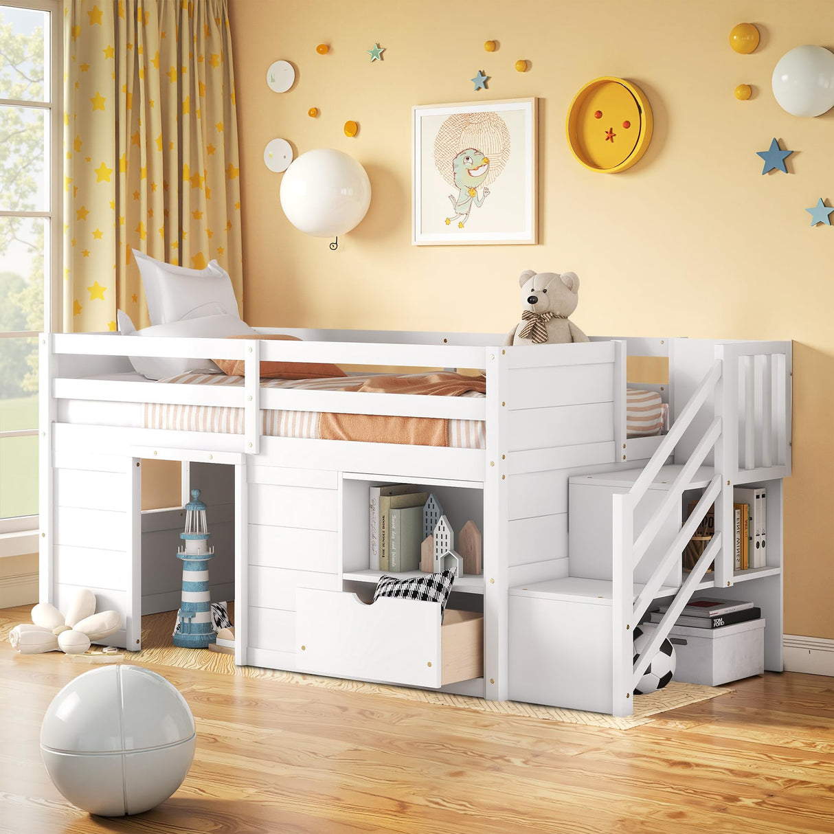 Osparple Twin Size Low Loft Bed, Kids Bed Frame with Shelf, Drawer and Stairs for Girls, Boys, Loft Bed with Storage, Strong Wood Slats Support, White Osparple