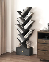 Yzosvki 9 Tier Tree Book Shelf with Drawer, Floor Standing Bookshelf Storage Organizer Bookshelves for Books/CDs, 9 Shelf Narrow Bookcase for Sturdy Room, Bedroom, Living Room, Black Yzosvki