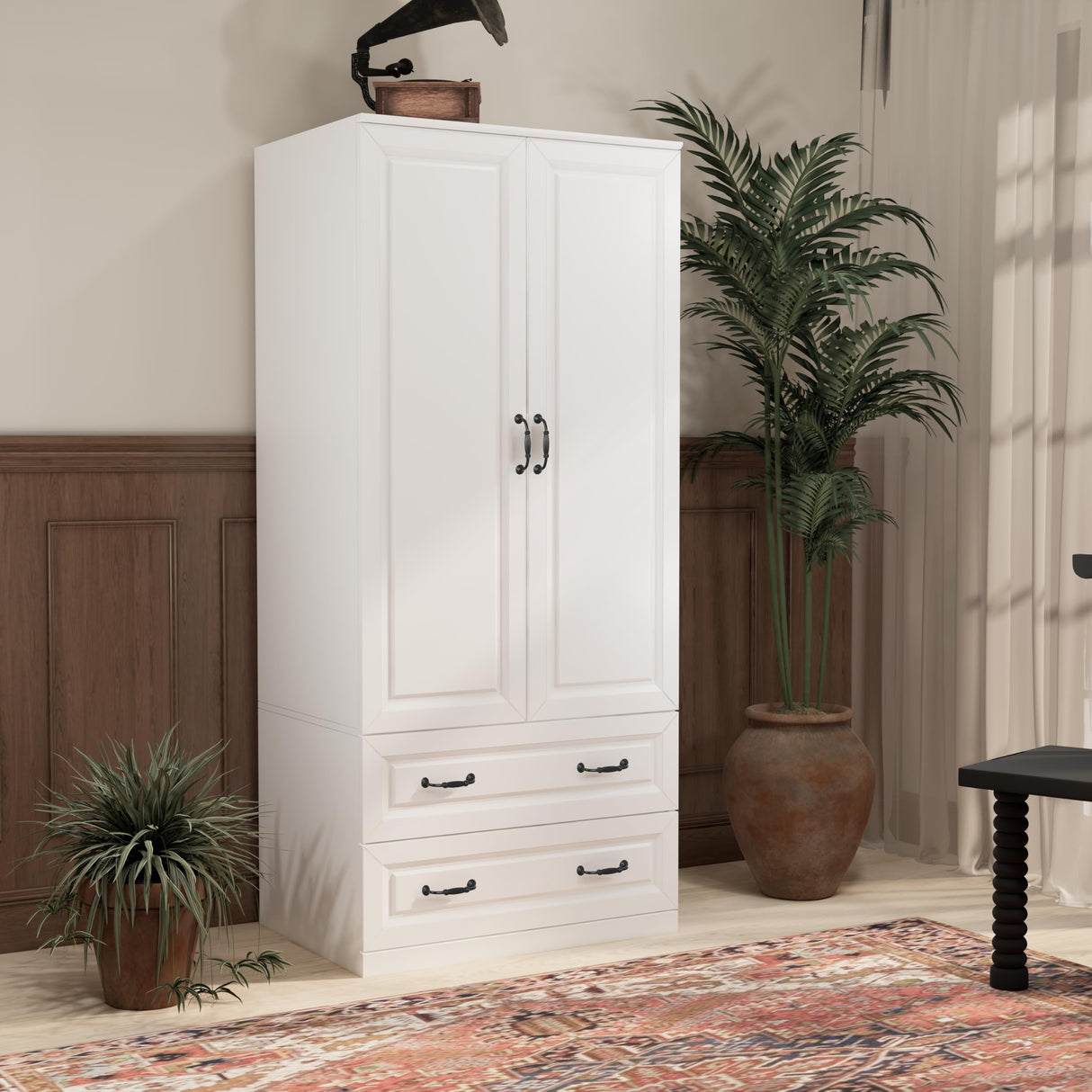 NewBeth 71" Wood Armoire Wardrobe Closet with 2 Doors and 2 Drawers, Clothes Storage Organizer Cabinets with Hanging Rod Freestanding Wardrobe for Bedroom, White (Style1) NewBeth