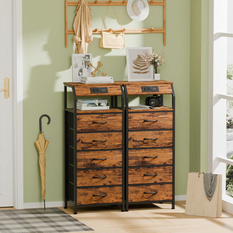 Furnulem 5 Drawers Dresser with Charging Station, Tall Night Stand with Storage Shelf, Fabric Chest of Drawers, Bedside Table for Closet, Entryway, Bedroom Furniture, 3 Ways to Use, Rustic Brown Furnulem