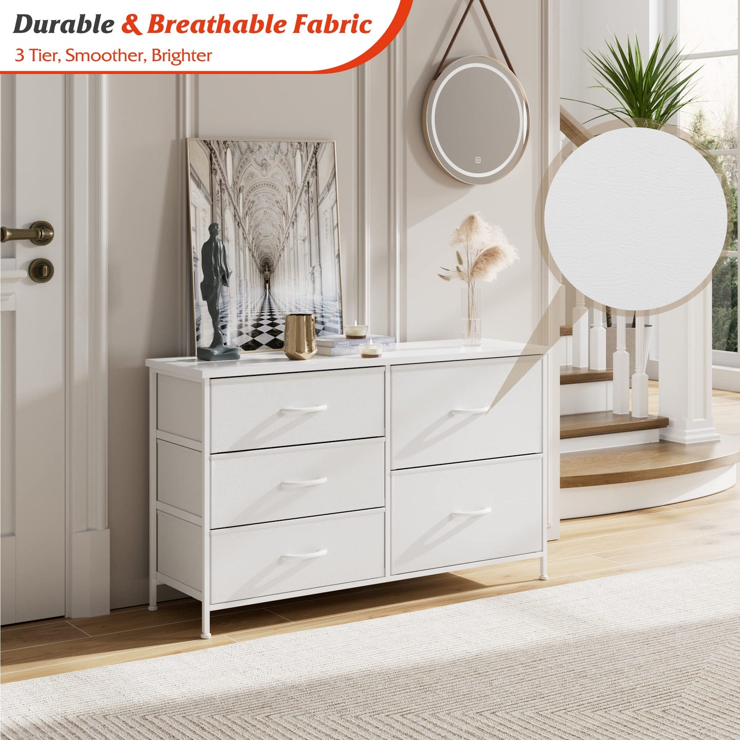 Nicehill White Dresser for Bedroom with 5 Drawers, Small Dresser for Kids' Bedroom, Closet, Wide Chest of Drawers with Storage Drawers, Wooden Top, Steel Frame, Modern, White - WoodArtSupply