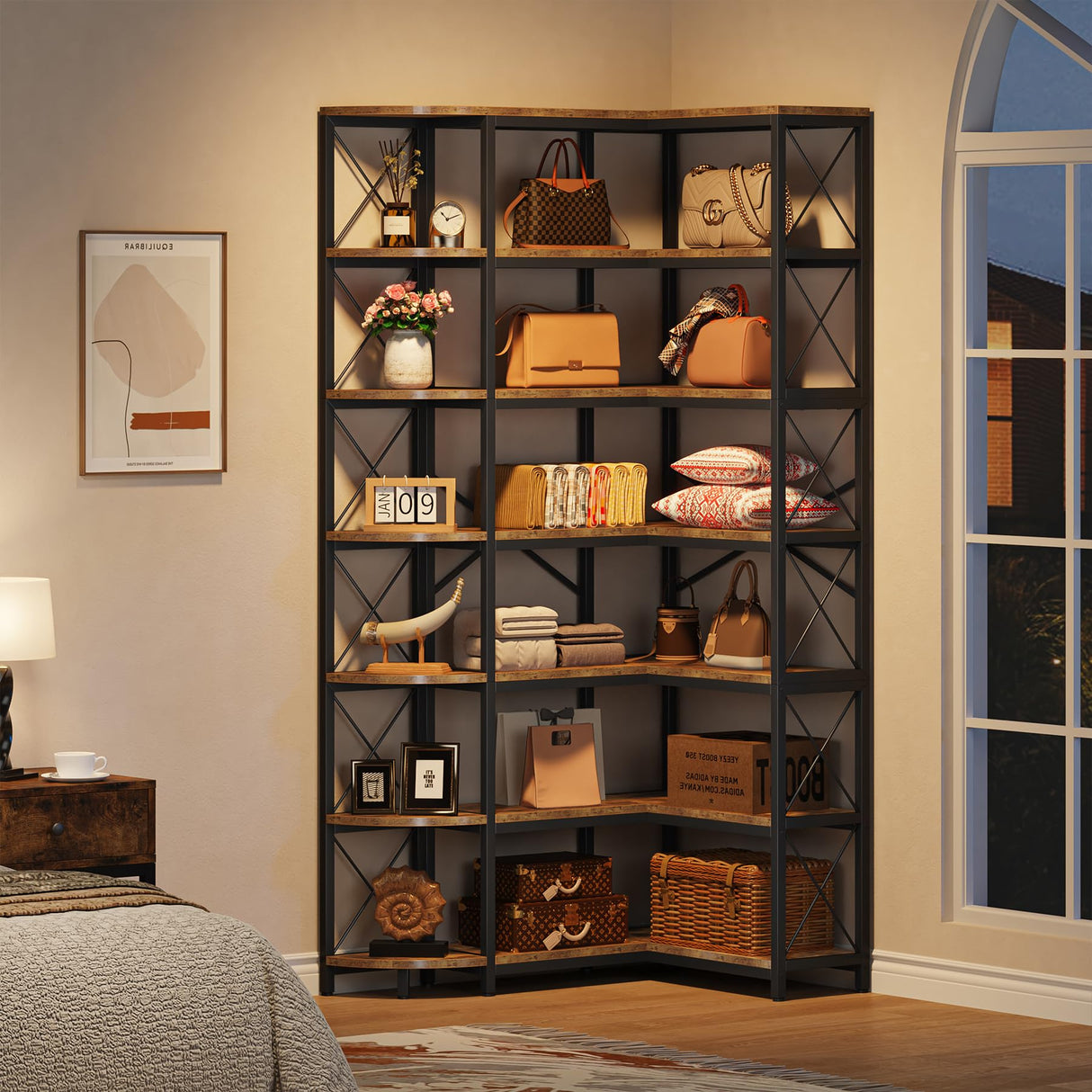 Condemo 7-Shelf Reversible Corner Bookshelf, Modern Industrial Tall Bookcase, 7-Tier Large L-Shaped Storage Shelf Display Rack with Metal Frame for Living Room, Home Office, Bedroom, Rustic Brown Condemo
