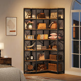 Condemo 7-Shelf Reversible Corner Bookshelf, Modern Industrial Tall Bookcase, 7-Tier Large L-Shaped Storage Shelf Display Rack with Metal Frame for Living Room, Home Office, Bedroom, Rustic Brown Condemo