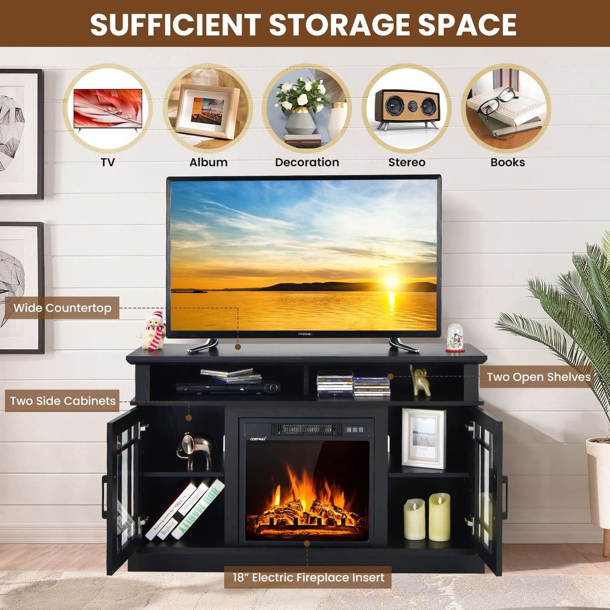 Happygrill Electric Fireplace TV Stand Up to 55 Inches, 48 Inch TV Stand w/Heater, Remote & Storage, Overheat Protection, Wooden Entertainment Center w/Adjustable Shelves for Living Room, Black HAPPYGRILL