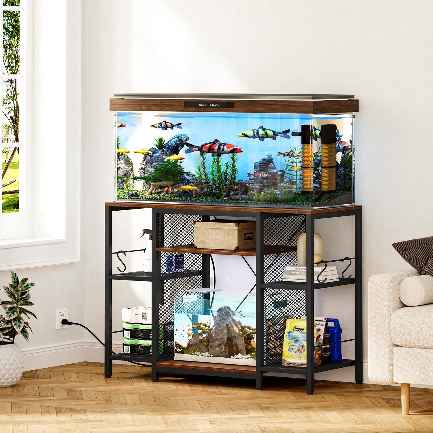 Snughome Fish Tank Stand, 40 Gallon Aquarium Stands with Charging Station, Adjustable Fish Tank Stand with Removable LED Light, Heavy Duty Metal Aquarium Stands with Storage, 43.3" x 17.72" x - WoodArtSupply