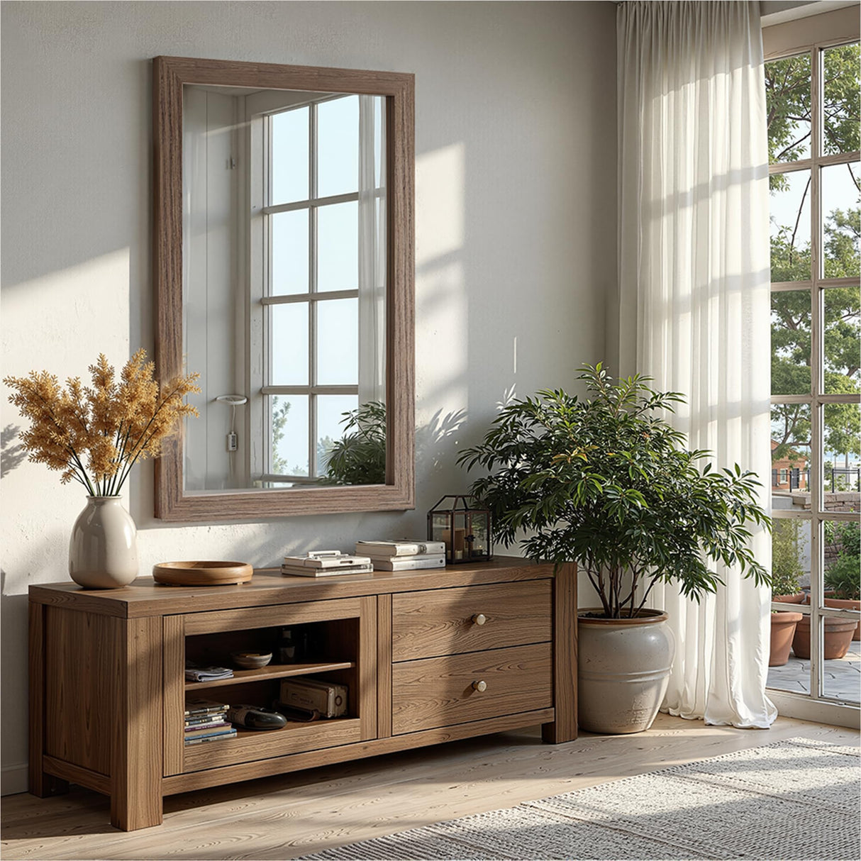 Bathroom Mirror for Wall with Wooden Frame, 36"x24" Rustic Farmhouse Vanity Mirror with Solid Wood Frame, Rectangular Wall-Mounted Mirror for Bathroom, Living Room, or Entryway TRAHOME